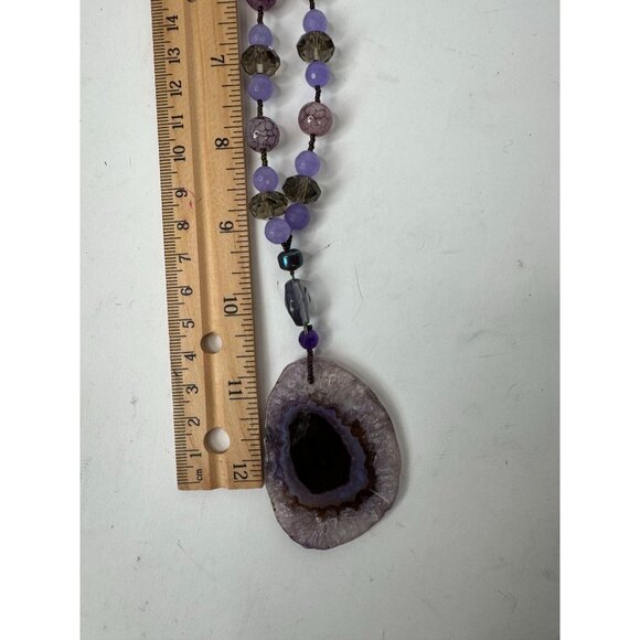 Dyed Agate Pendant Necklace With Beads & Large Purple Stone 13" Long Unique Boho - Picture 4 of 15